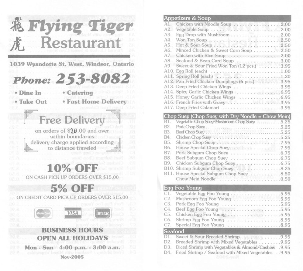Flying Tiger Restaurant Menu - Page 1!
