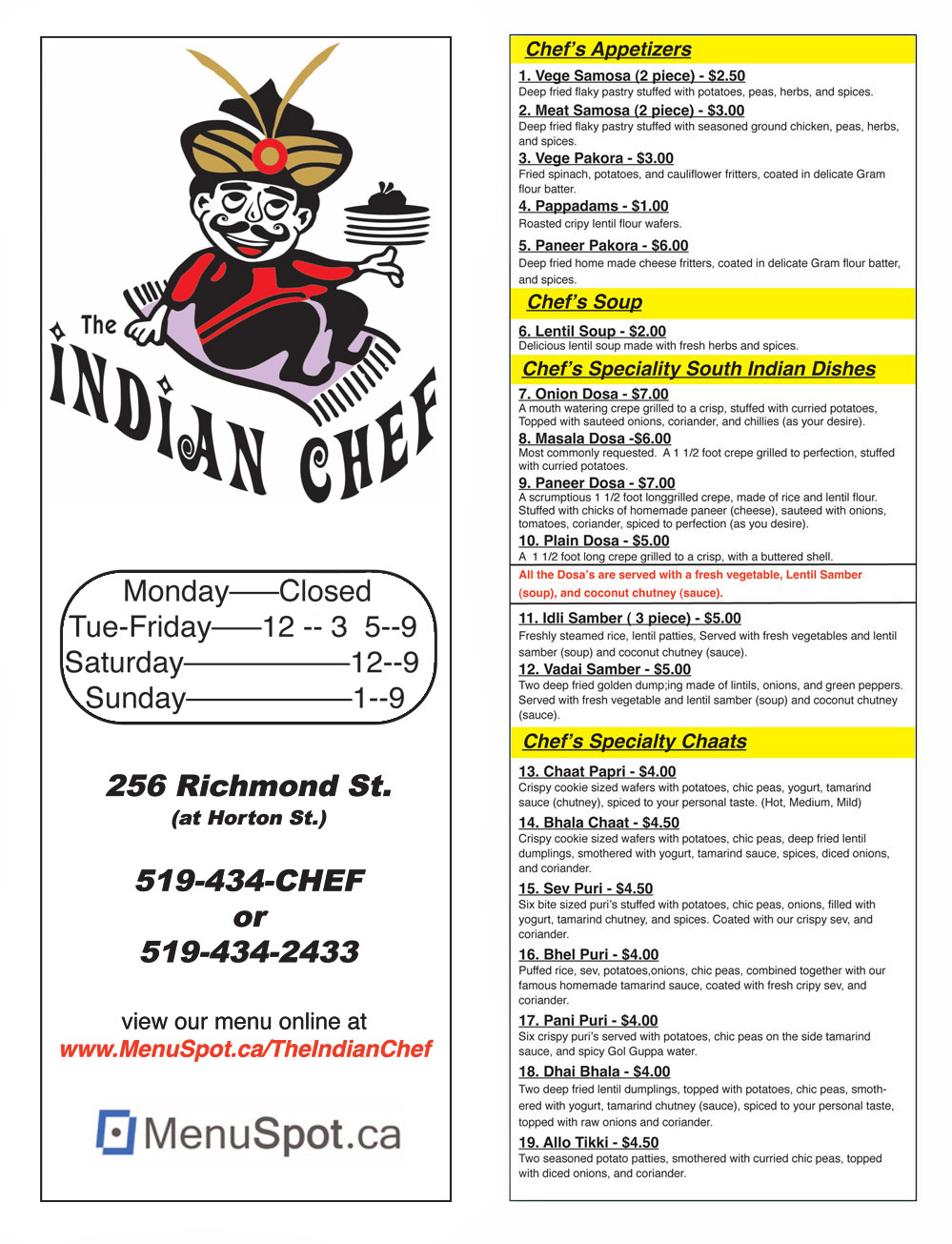The Indian Chef Menu - Page 1!